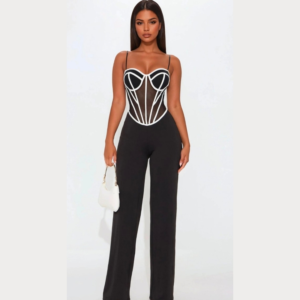Fashion Nova Black and White Sheer Jumpsuit